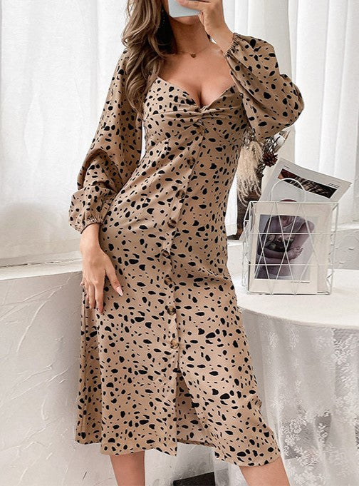 Spotted Print Sweetheart Midi Dress - Khaki