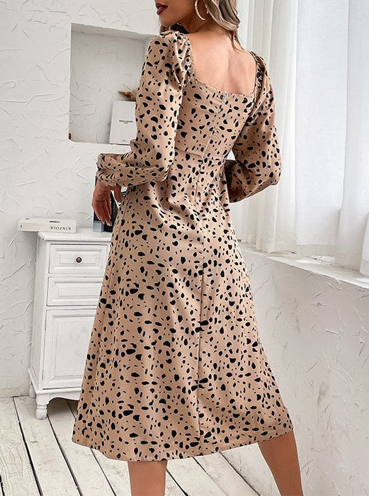Spotted Print Sweetheart Midi Dress - Khaki - 2