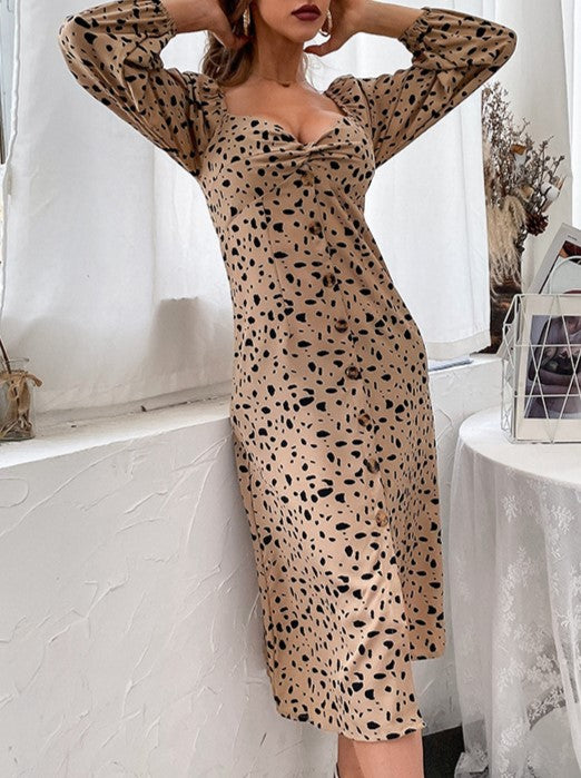 Spotted Print Sweetheart Midi Dress - Khaki - 3