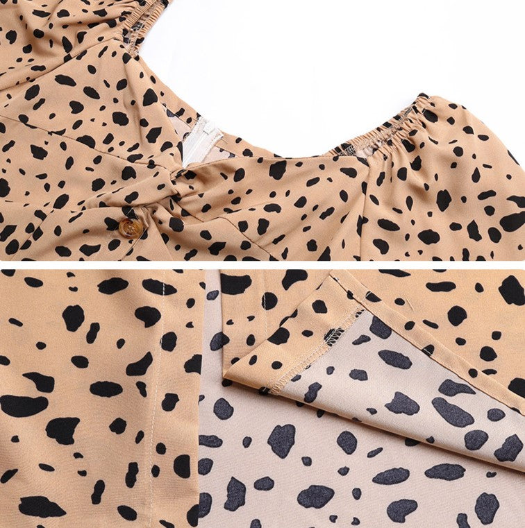 Spotted Print Sweetheart Midi Dress - Khaki - 4