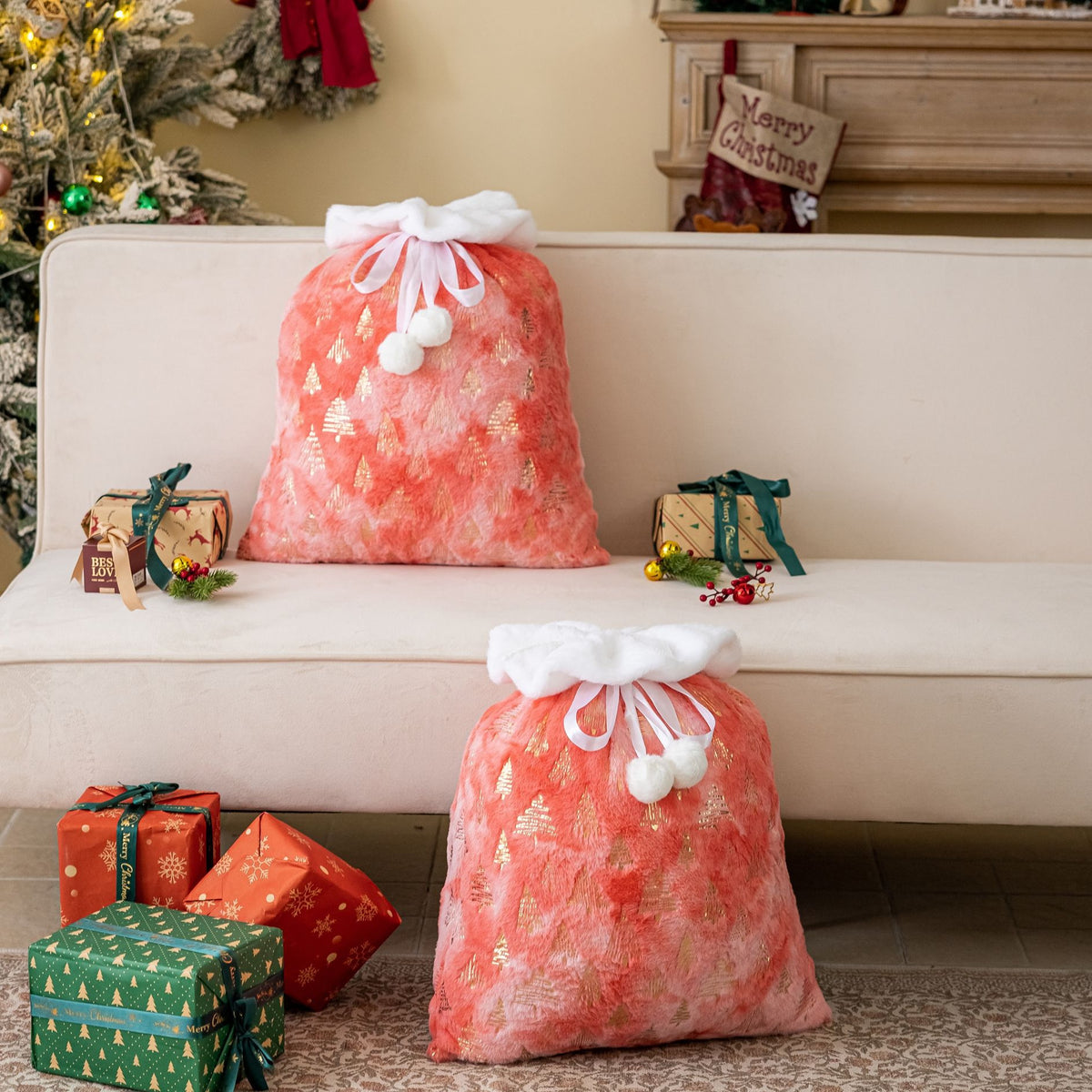 Christmas Tree Print Plush Drawstring Gift Bag - Blue - 1