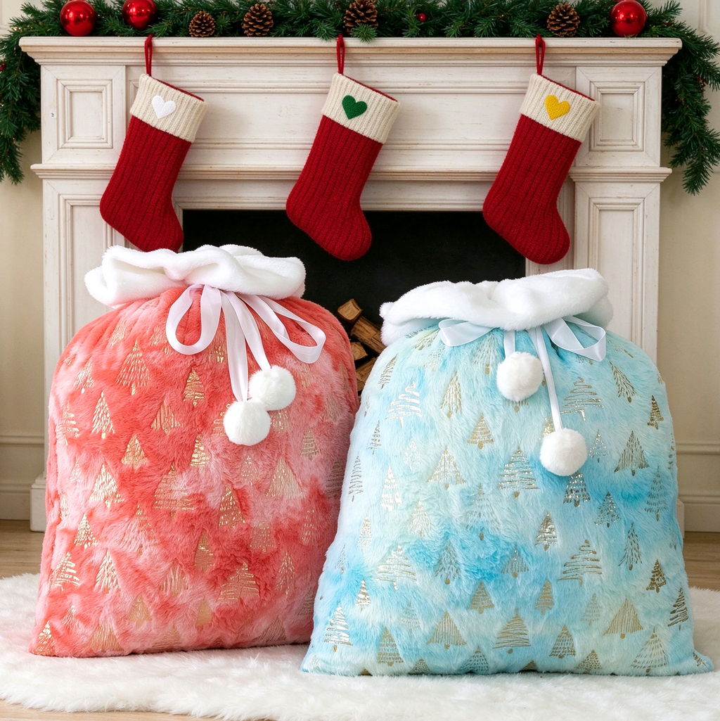 Christmas Tree Print Plush Drawstring Gift Bag - Blue - 2