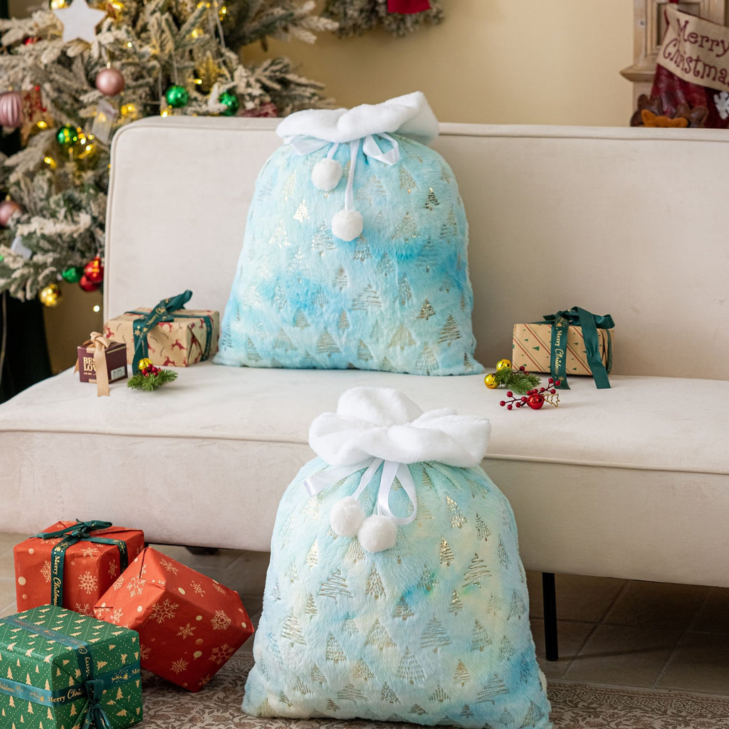 Christmas Tree Print Plush Drawstring Gift Bag - Blue - 3
