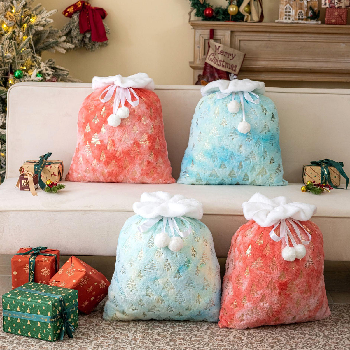Christmas Tree Print Plush Drawstring Gift Bag - Blue - 5