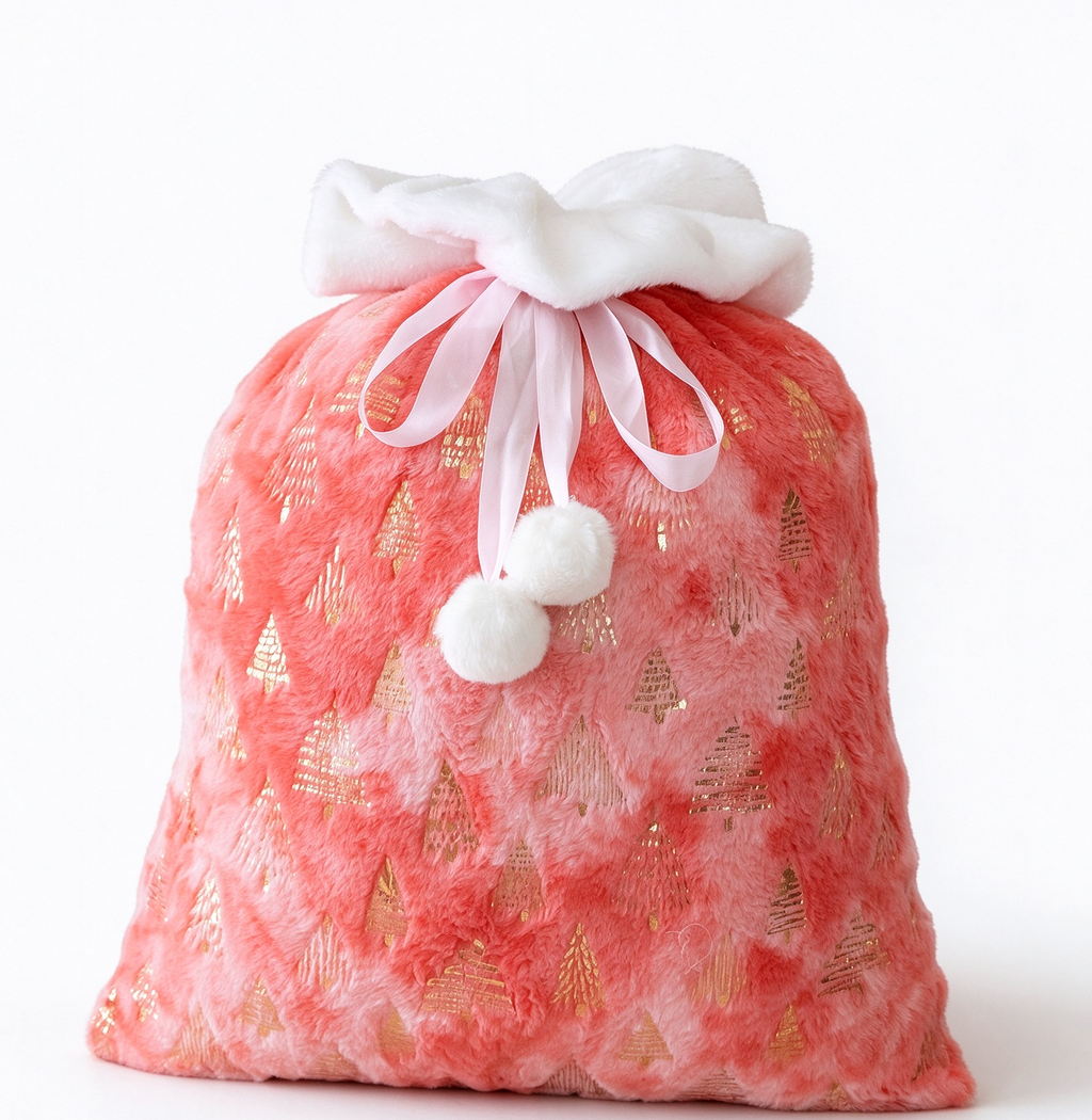 Christmas Tree Print Plush Drawstring Gift Bag - Pink