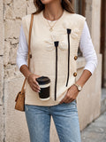 Flower Applique Knit Vest With Ribbon Ties - Apricot