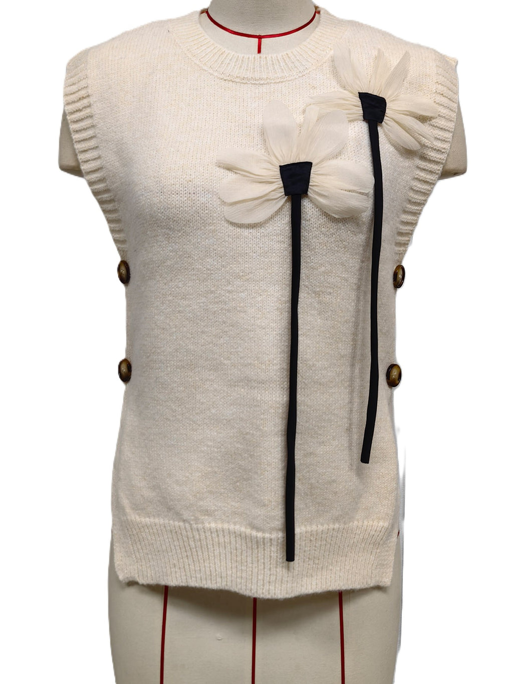 Flower Applique Knit Vest With Ribbon Ties - Apricot - 1