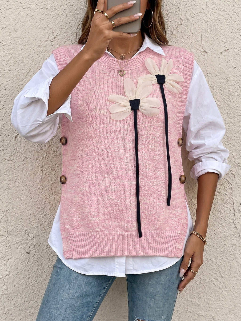 Flower Applique Knit Vest With Ribbon Ties - Pink