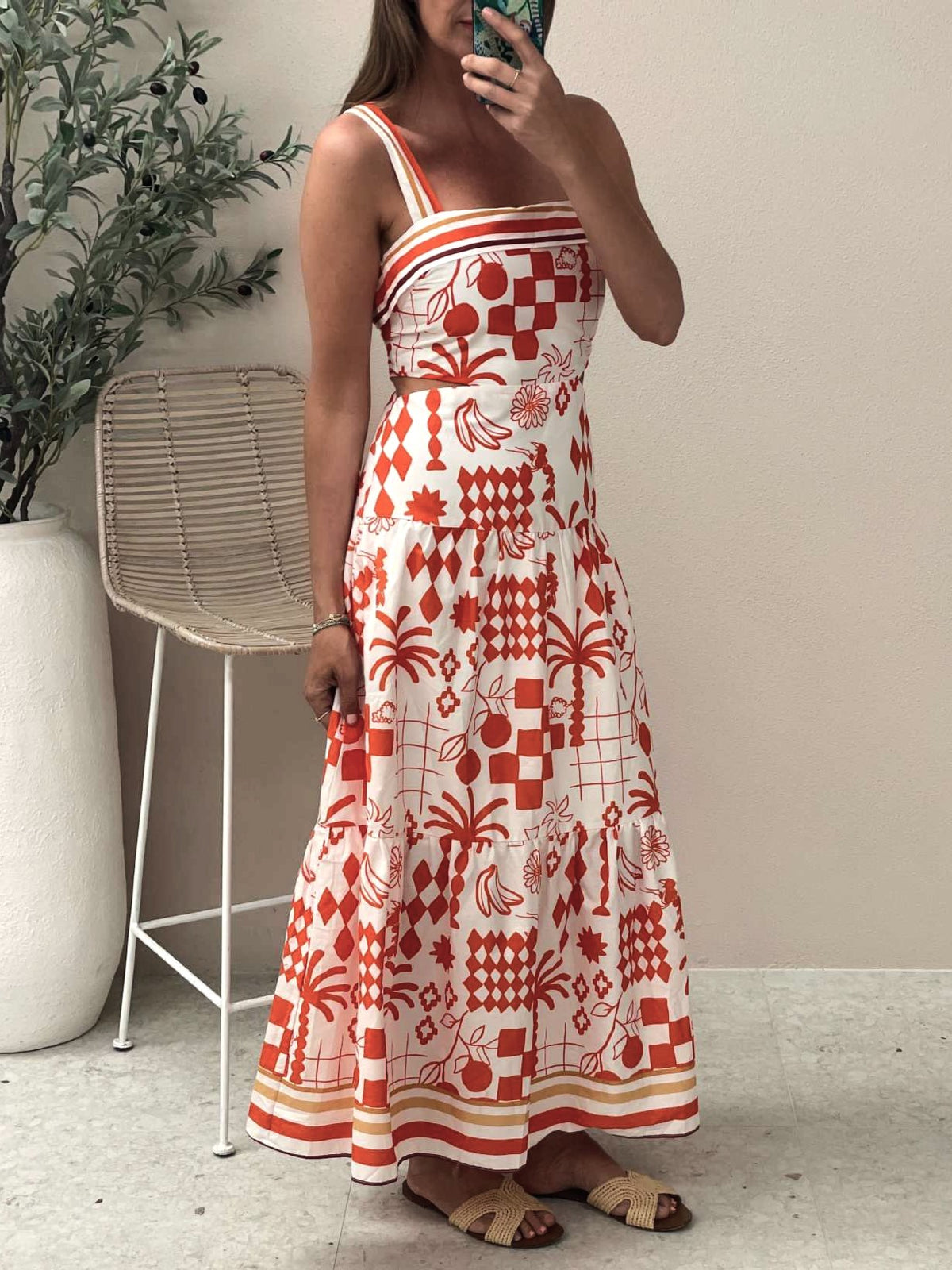 Palm Motif Print Square Neck Maxi Dress - Printed