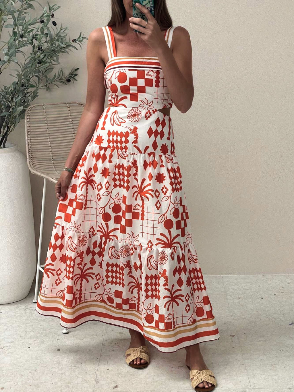 Palm Motif Print Square Neck Maxi Dress - Printed - 3