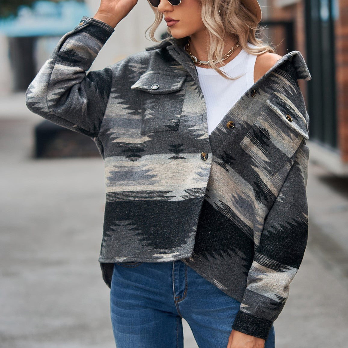 Aztec Print Brushed Shirt Jacket - Black