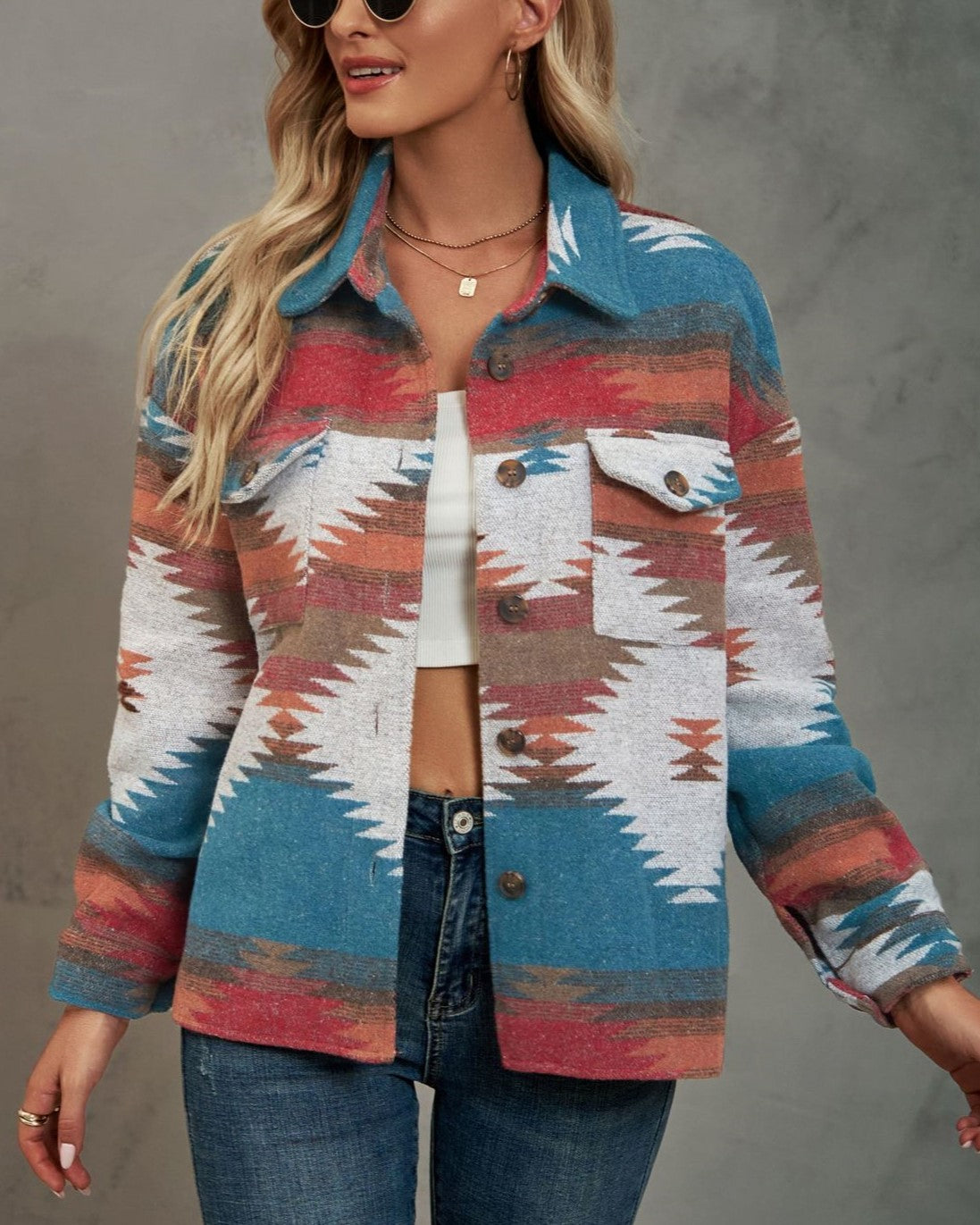 Aztec Print Brushed Shirt Jacket - Blue