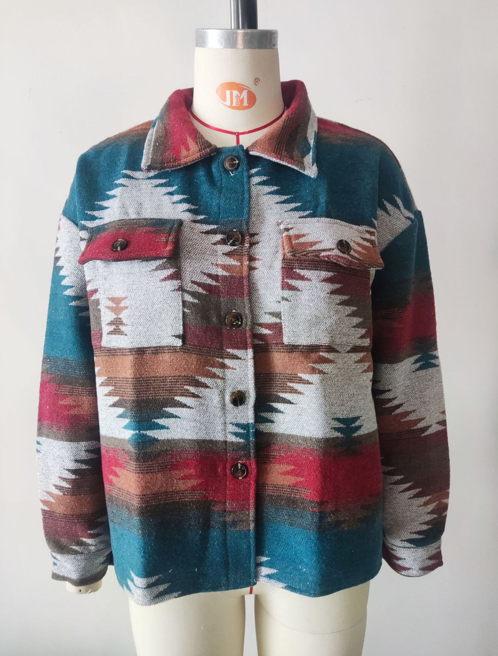 Aztec Print Brushed Shirt Jacket - Blue - 1