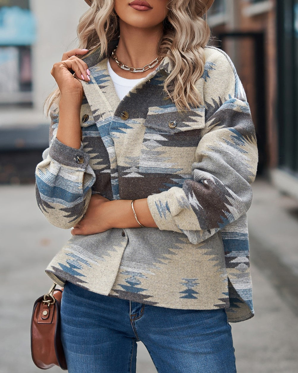 Aztec Print Brushed Shirt Jacket - Khaki