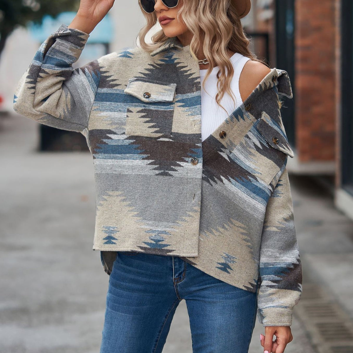 Aztec Print Brushed Shirt Jacket - Khaki - 1