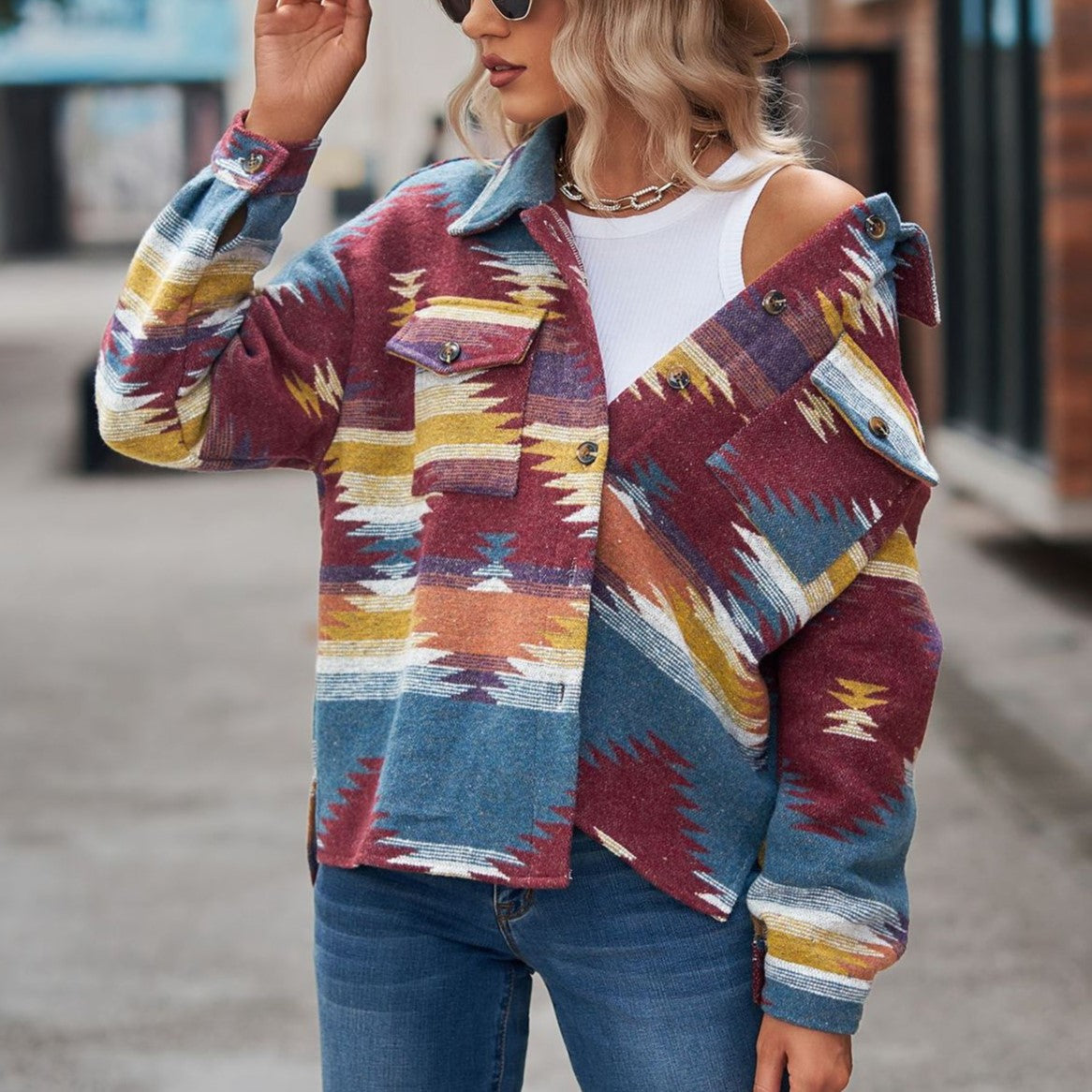 Aztec Print Brushed Shirt Jacket - WineRed