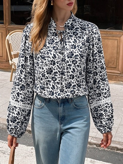 Navy Floral Tie Neck Lace Trim Balloon Sleeve Shirt - Navy