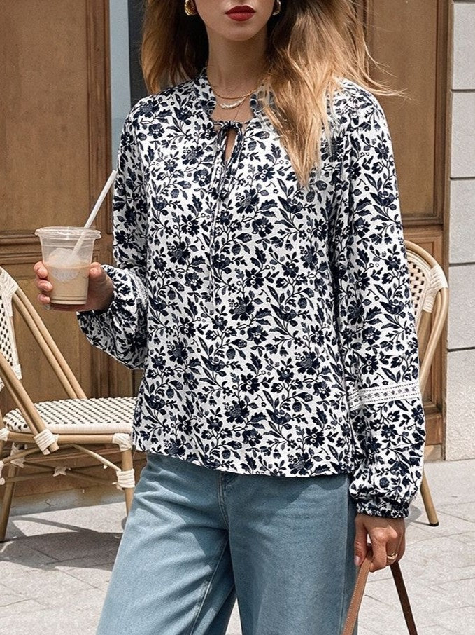 Navy Floral Tie Neck Lace Trim Balloon Sleeve Shirt - Navy - 1