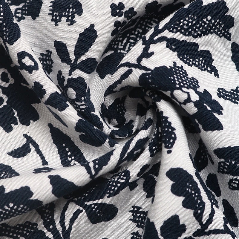 Navy Floral Tie Neck Lace Trim Balloon Sleeve Shirt - Navy - 3
