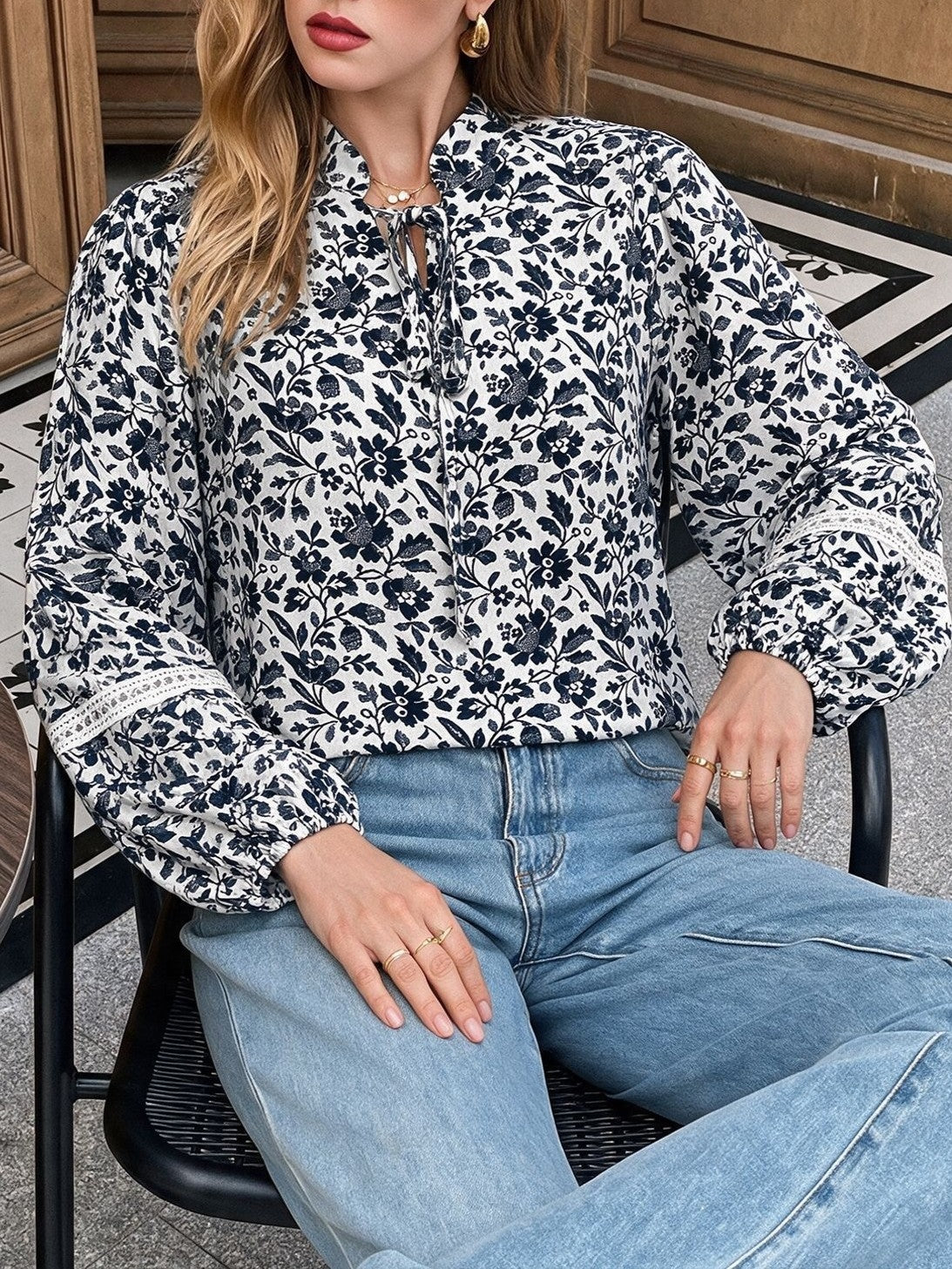 Navy Floral Tie Neck Lace Trim Balloon Sleeve Shirt - Navy - 4