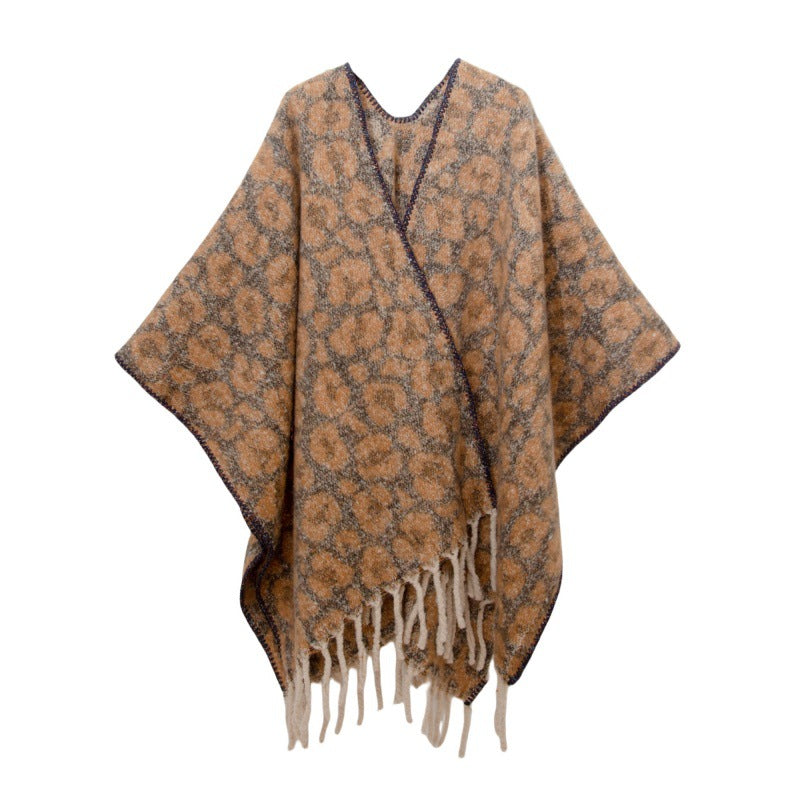 Leopard Jacquard Fringed Cape Wrap - Brown