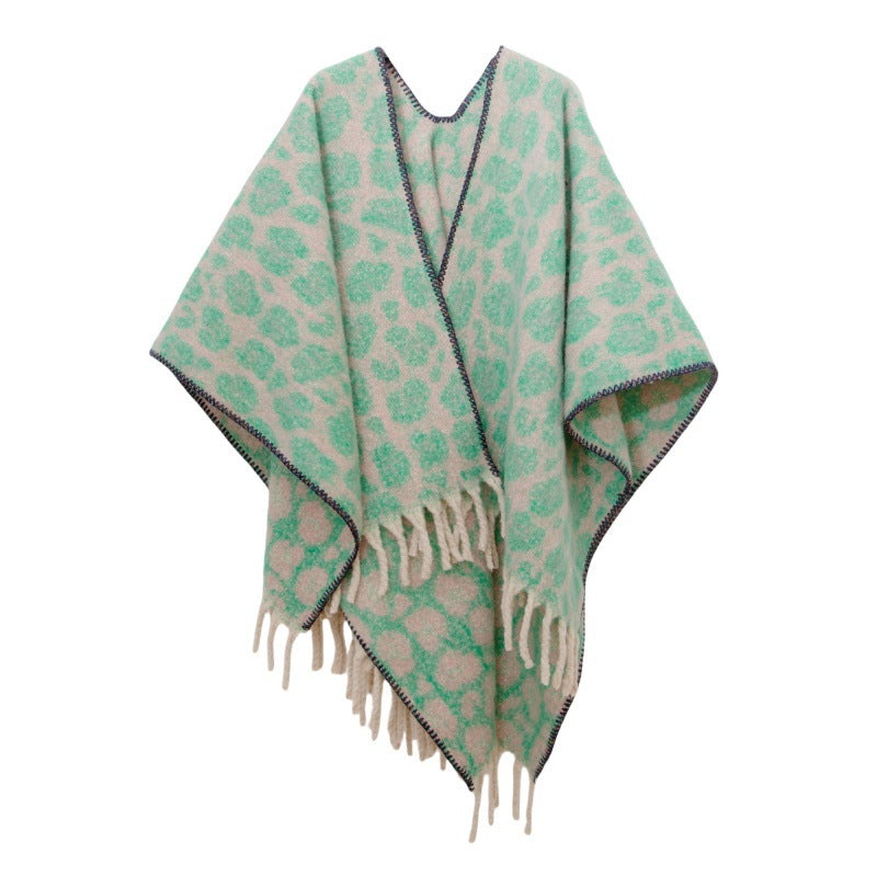 Leopard Jacquard Fringed Cape Wrap - Green