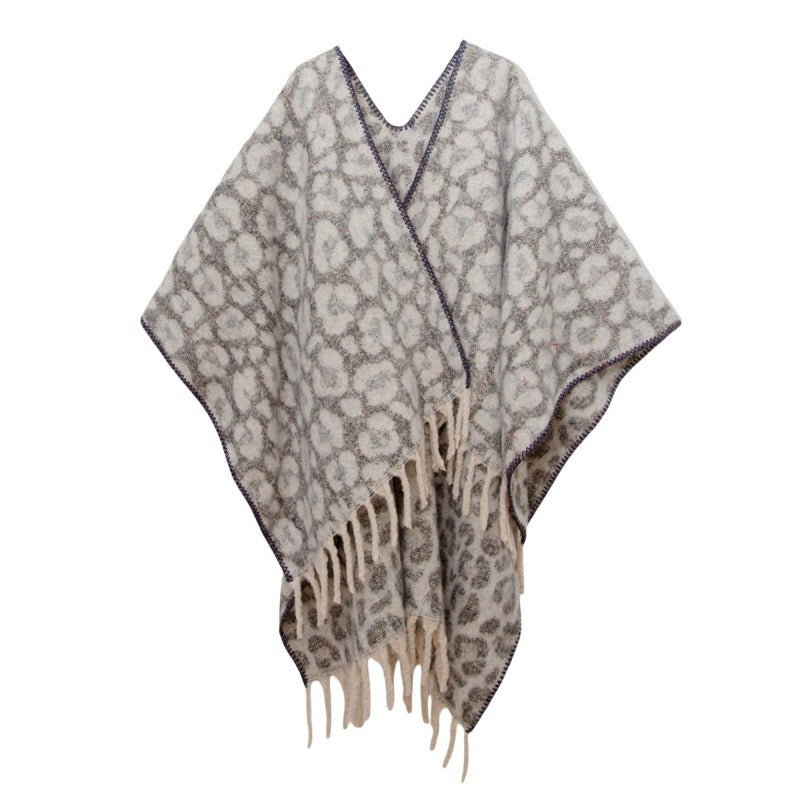 Leopard Jacquard Fringed Cape Wrap - Grey