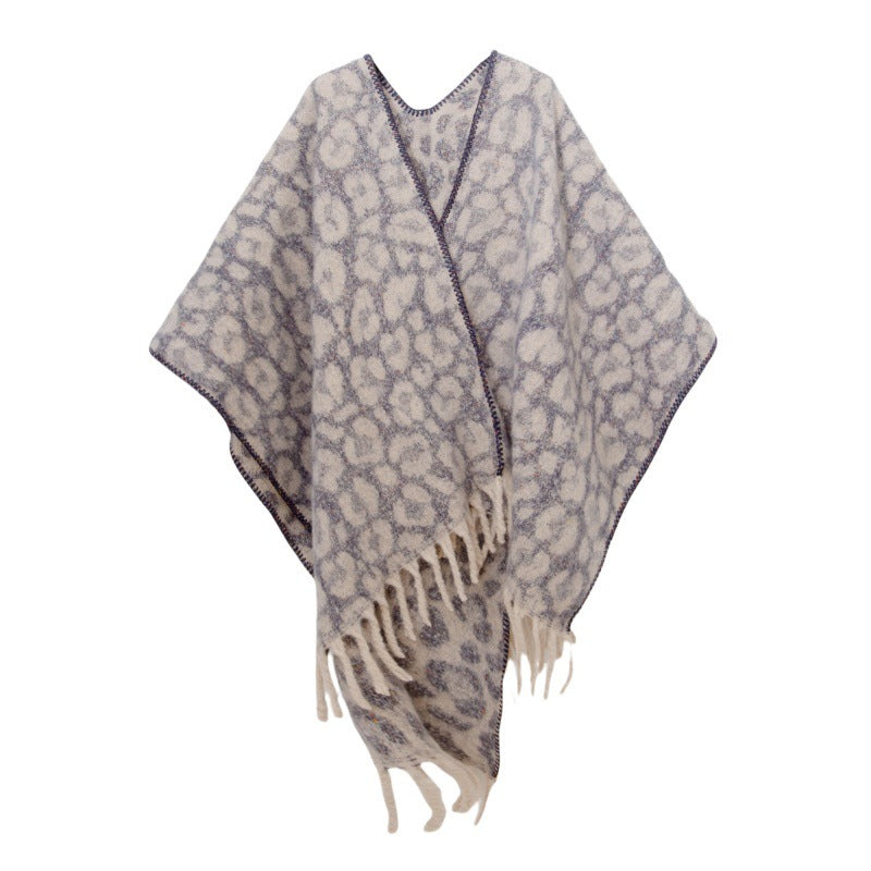 Leopard Jacquard Fringed Cape Wrap - Greyblue