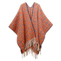 Leopard Jacquard Fringed Cape Wrap - Orange