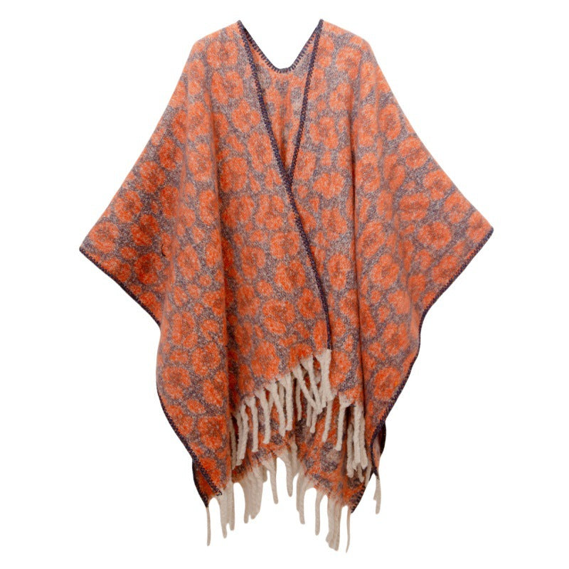 Leopard Jacquard Fringed Cape Wrap - Orange