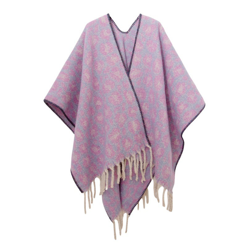 Leopard Jacquard Fringed Cape Wrap - Purple