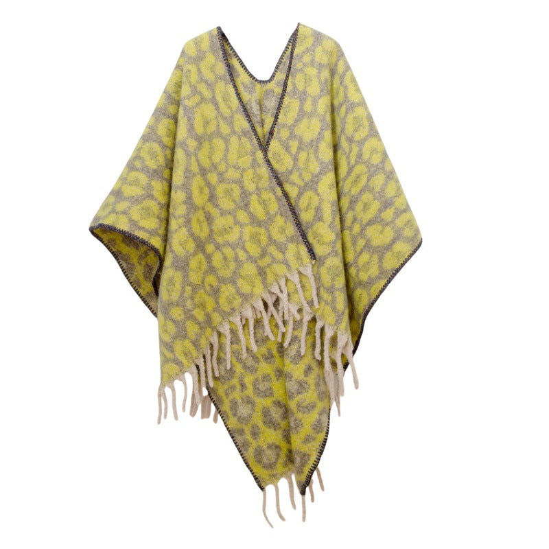 Leopard Jacquard Fringed Cape Wrap - Yellow