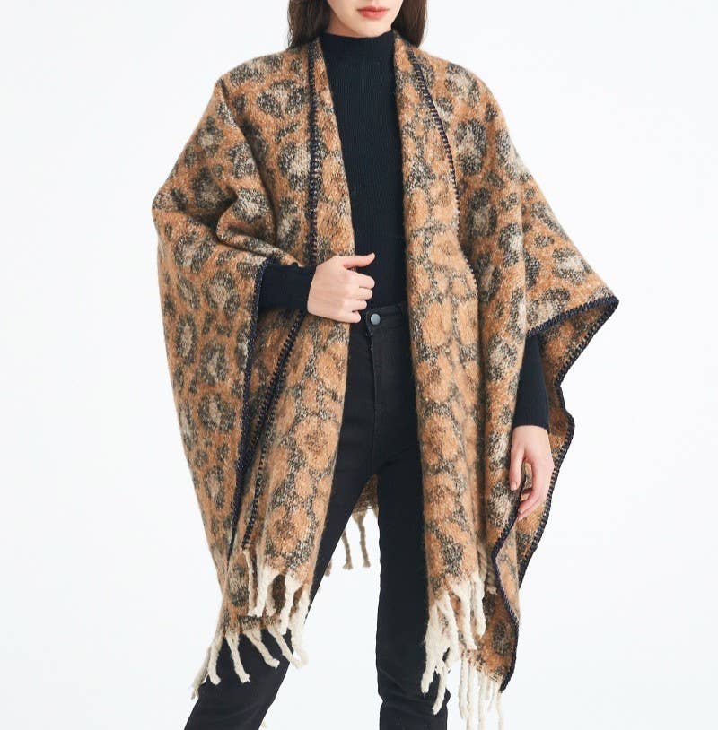 Leopard Jacquard Fringed Cape Wrap