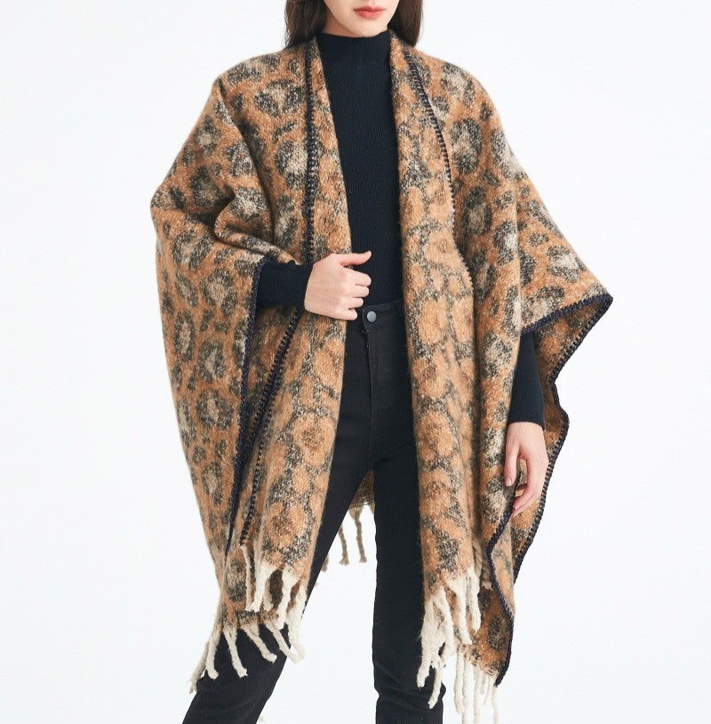 Leopard Jacquard Fringed Cape Wrap - view 1