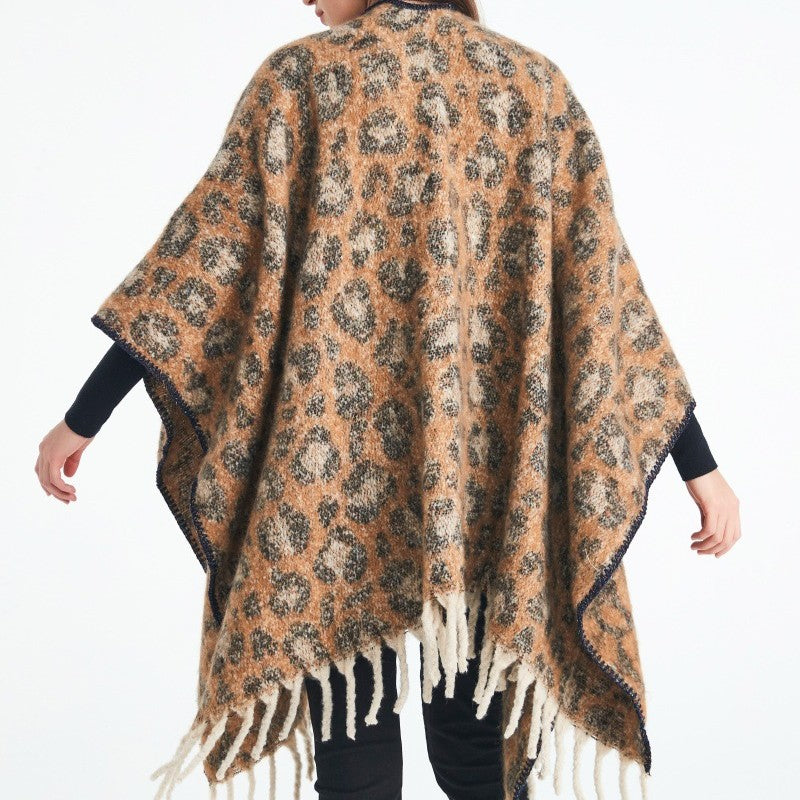 Leopard Jacquard Fringed Cape Wrap - view 2