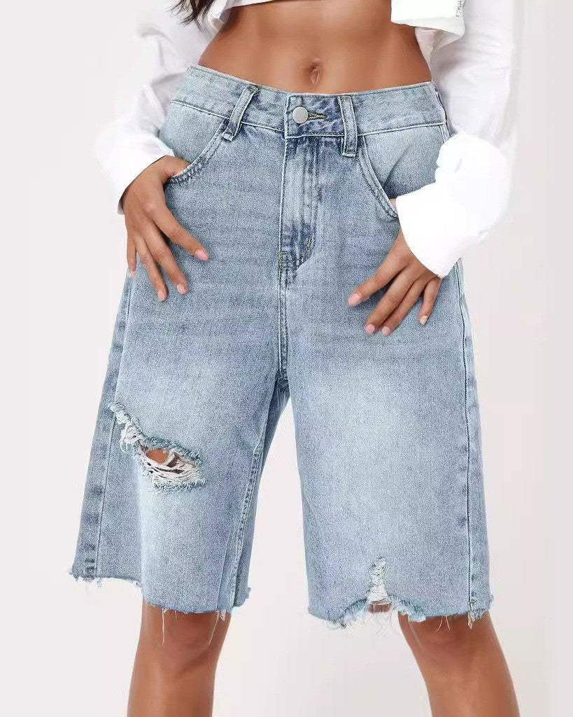 Baggy Knee Length Distressed Denim Shorts - Blue