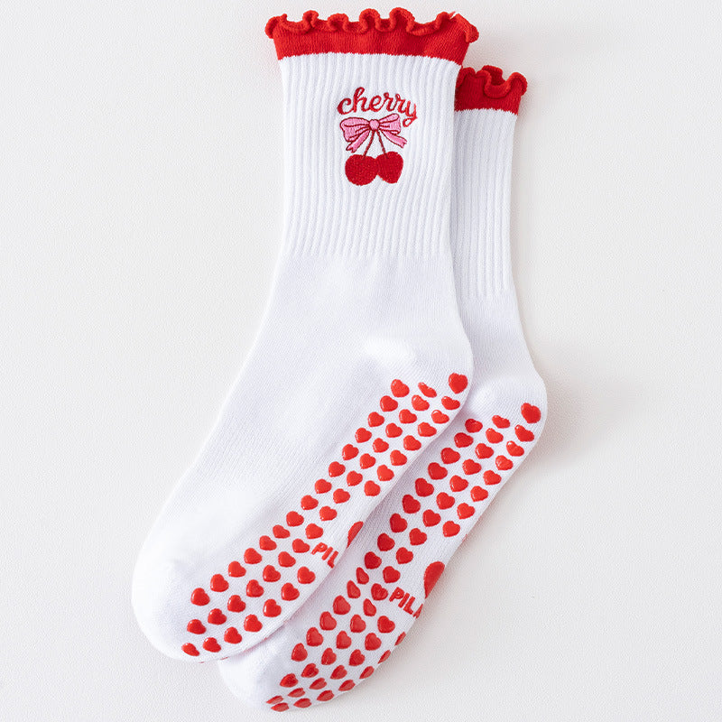 Frilled Cuff Cherry Embroidery Grip Socks - Cherry