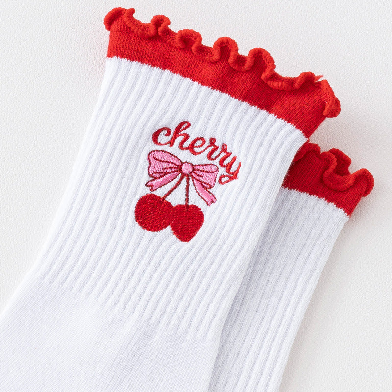 Frilled Cuff Cherry Embroidery Grip Socks - Cherry - 1