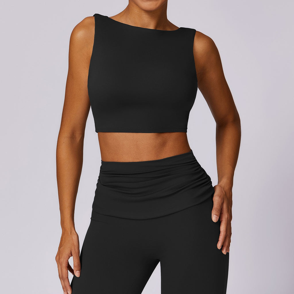 Boat Neck Open U-Back Padded Crop Workout Tank - Black