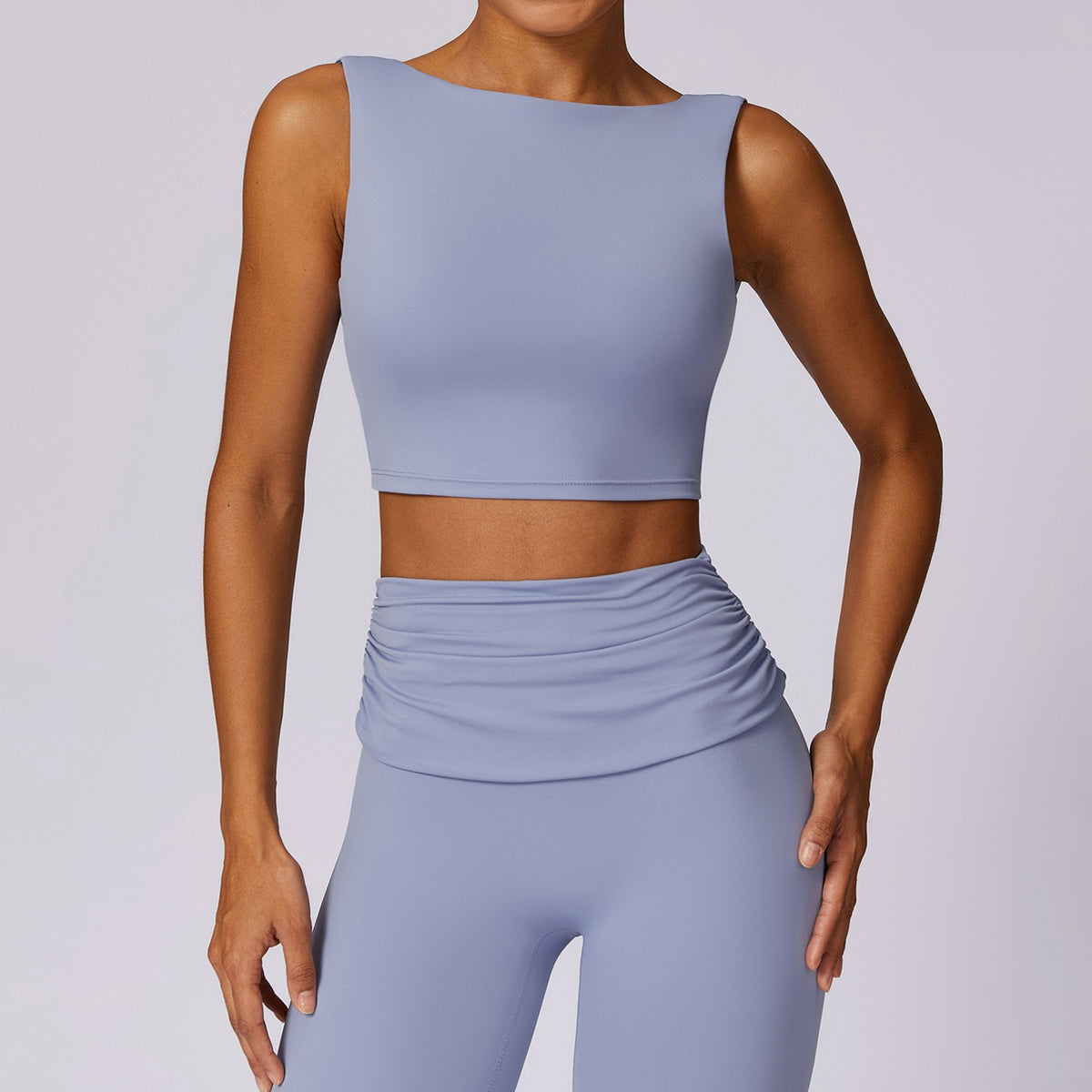 Boat Neck Open U-Back Padded Crop Workout Tank - Haze Blue