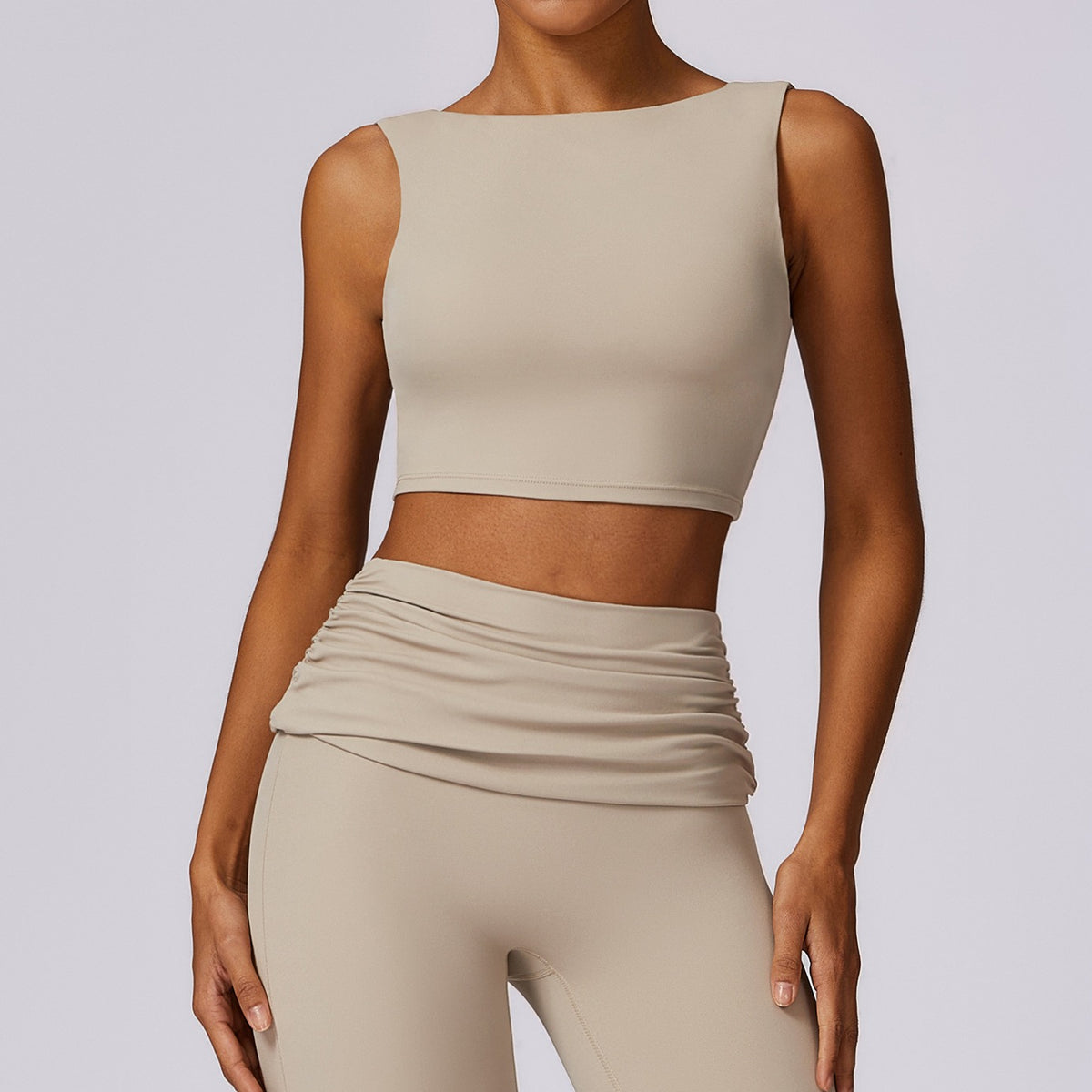 Boat Neck Open U-Back Padded Crop Workout Tank - Linen