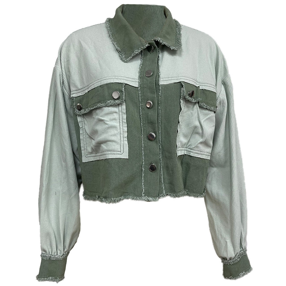 Color Block Cropped Raw Hem Jacket - Green