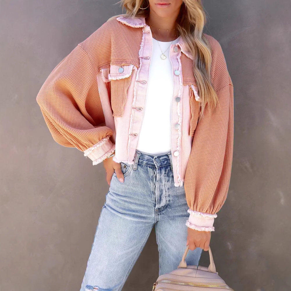 Color Block Cropped Raw Hem Jacket - Pink