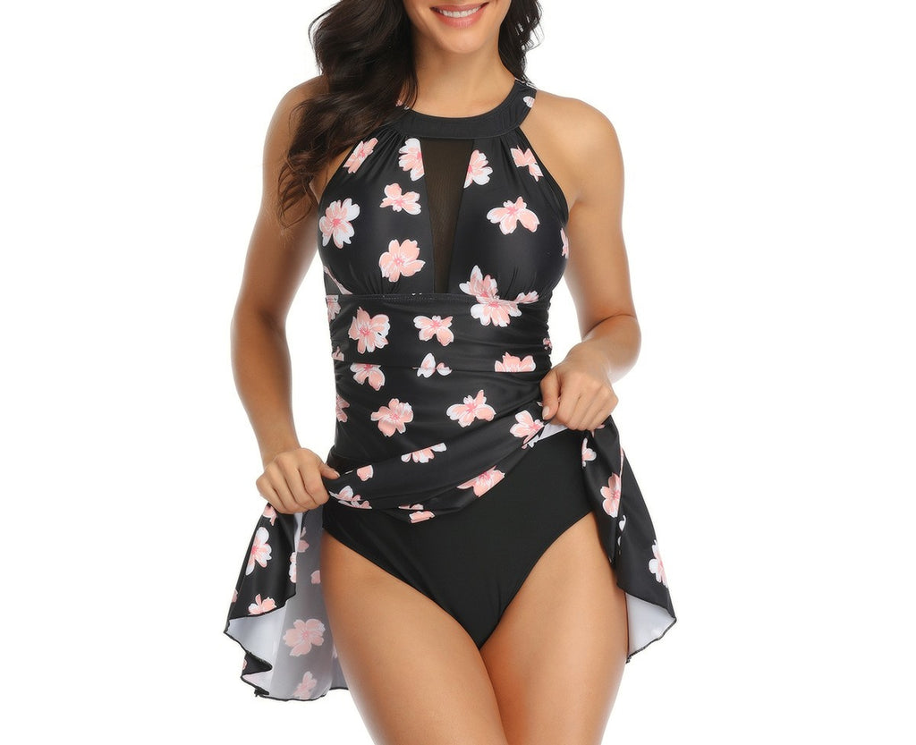 Mesh Panel Halter Swim Dress One Piece - Color_12