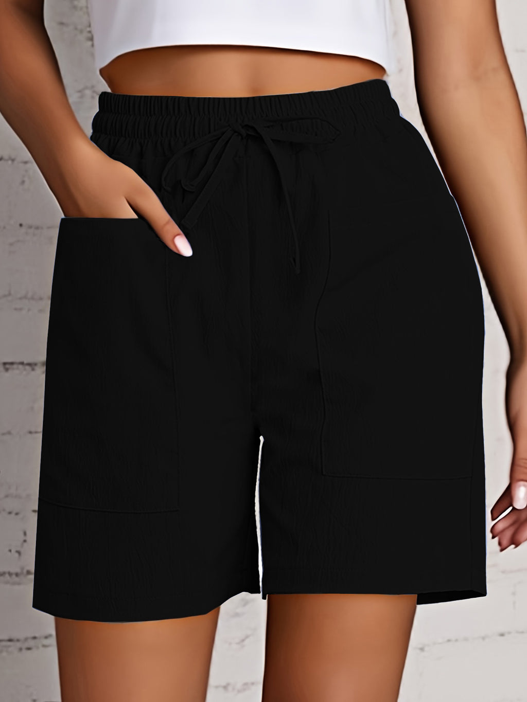 Relaxed Drawstring Shorts With Patch Pockets - Black