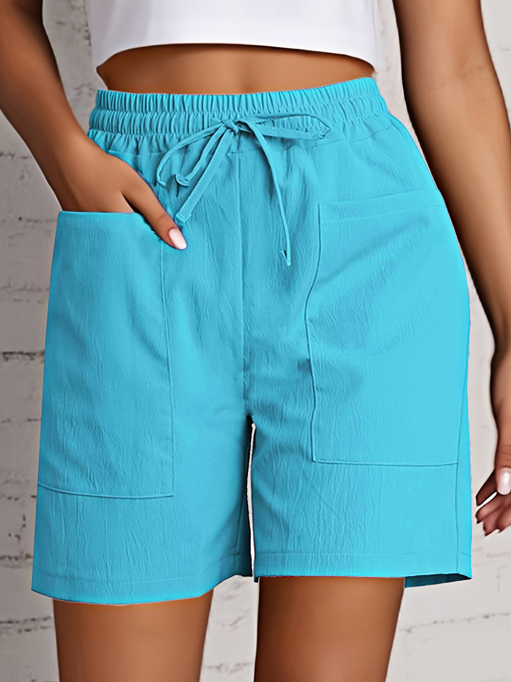 Relaxed Drawstring Shorts With Patch Pockets - Blue