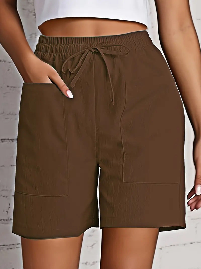 Relaxed Drawstring Shorts With Patch Pockets - DBrown
