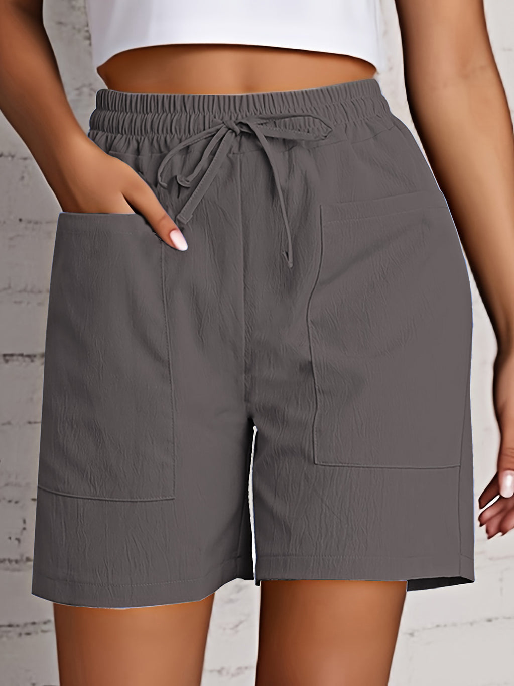 Relaxed Drawstring Shorts With Patch Pockets - DarkGray