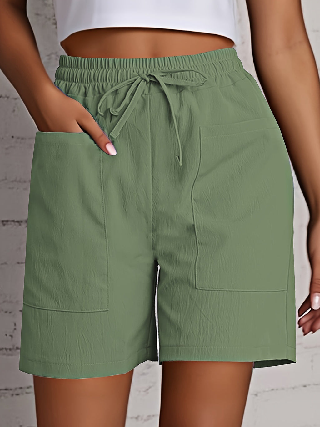 Relaxed Drawstring Shorts With Patch Pockets - MGreen