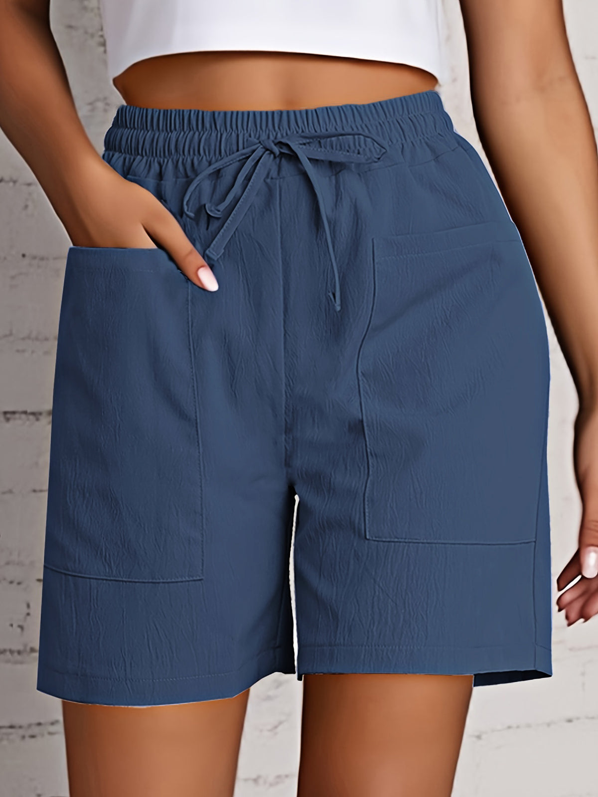 Relaxed Drawstring Shorts With Patch Pockets - NavyBlue